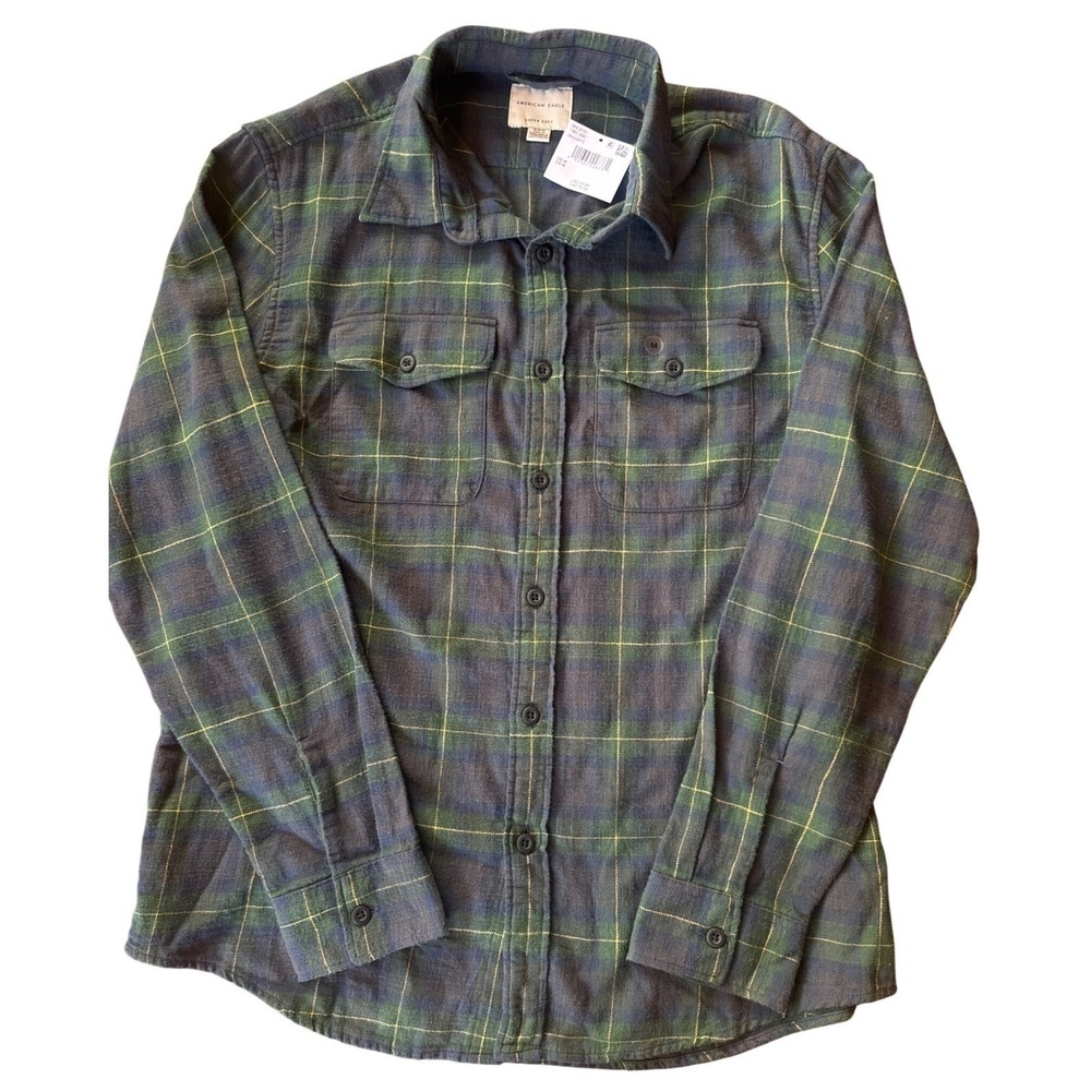 American Eagle Flannel Shirt Men Medium Green Navy Plaid Super Soft NWT - Picture 6 of 8